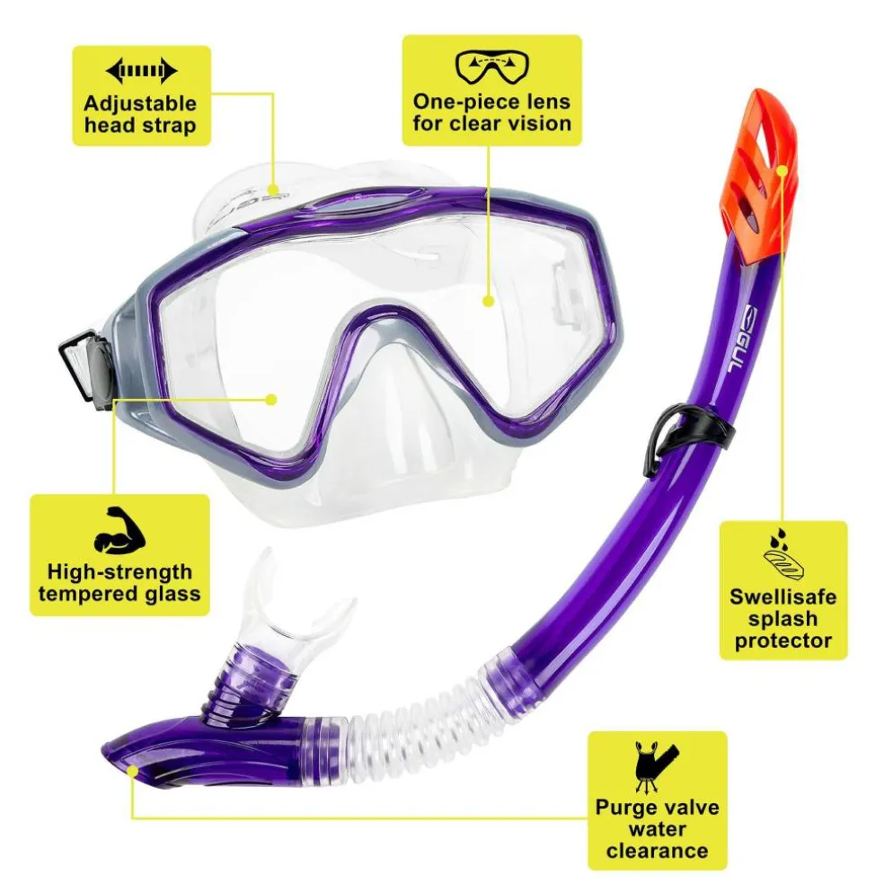 Adult Snorkelling Set - Tempered Glass Diving Mask & Splash-Proof Snorkel