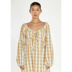 Beige-Cream Check Gathered Tie-Neck Midi-Dress