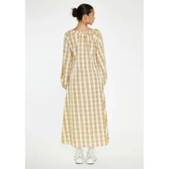 Beige-Cream Check Gathered Tie-Neck Midi-Dress