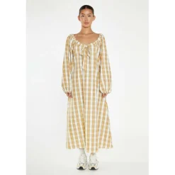 Beige-Cream Check Gathered Tie-Neck Midi-Dress