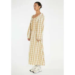 Beige-Cream Check Gathered Tie-Neck Midi-Dress