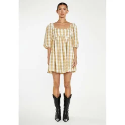 Beige-Cream Check Square-Neck Smock Mini-Dress