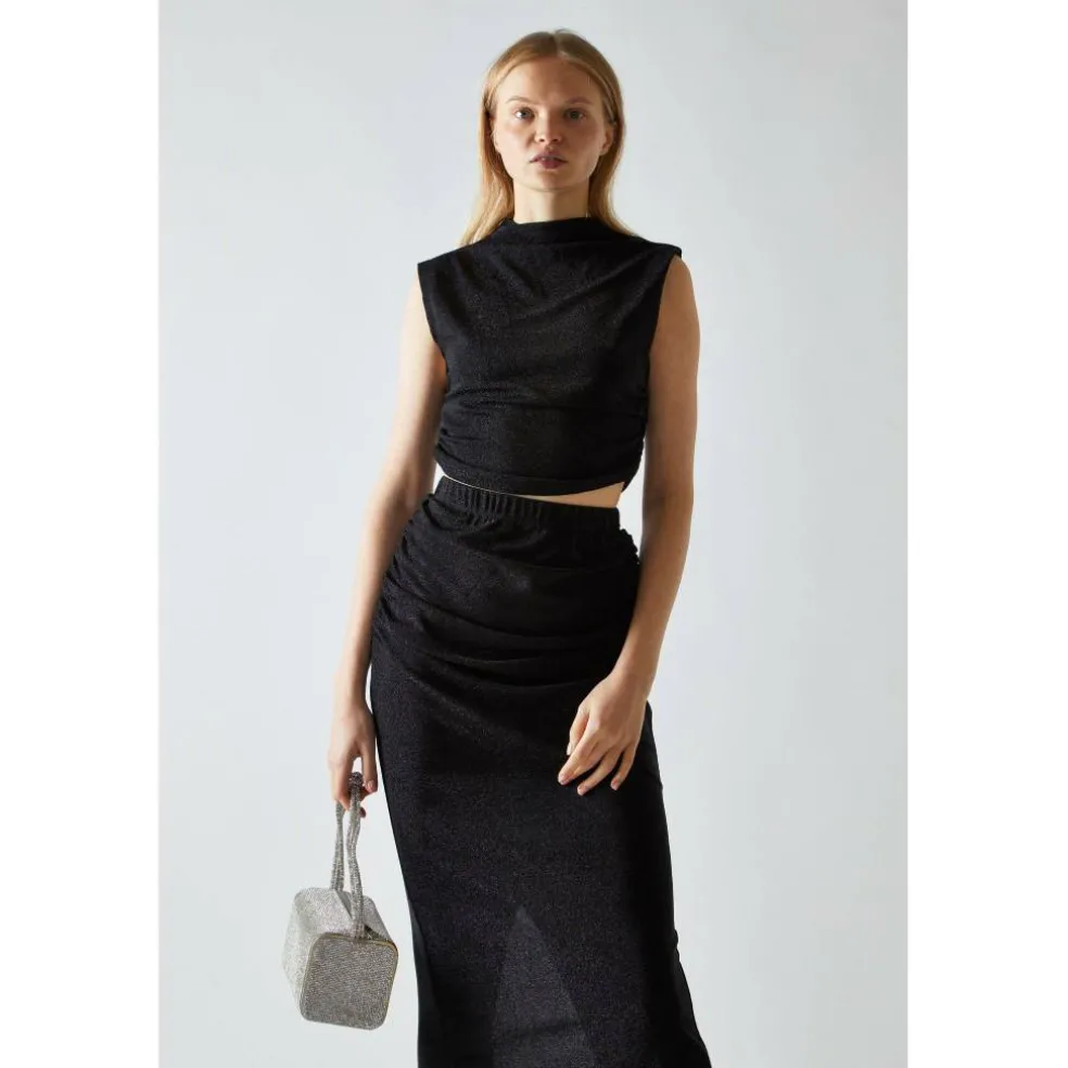Black-Glitter High-neck Crop-Top