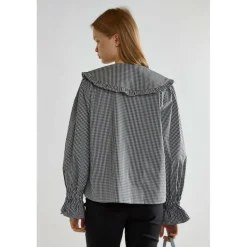 Black-White Gingham Statement-Collar Blouse