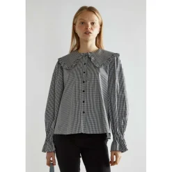 Black-White Gingham Statement-Collar Blouse