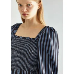 Blue-Black Stripe Shirred Midi-Dress