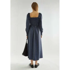 Blue-Black Stripe Shirred Midi-Dress