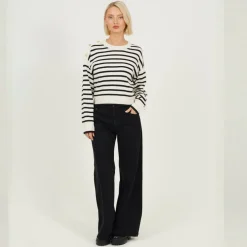 Boxy Crew Neck Striped Jumper with Shoulder Button Detail