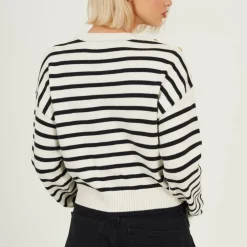 Boxy Crew Neck Striped Jumper with Shoulder Button Detail