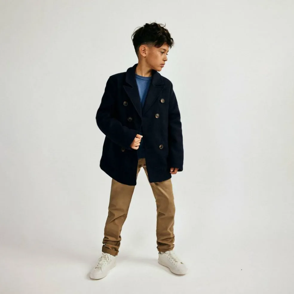 Boys coat double breasted with lapel navy