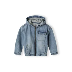 Boys denim jacket with fixed hood zip fastening navy