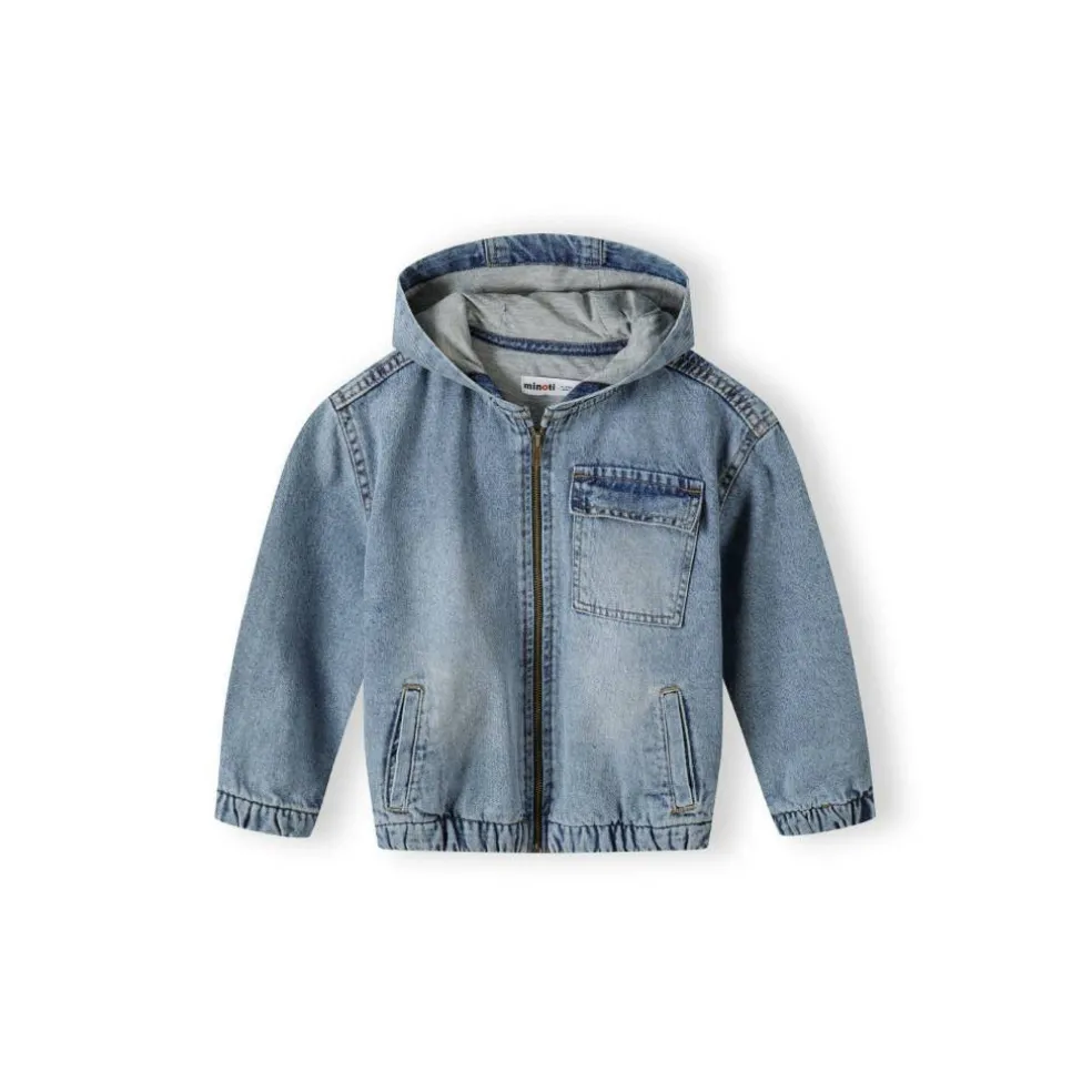 Boys denim jacket with fixed hood zip fastening navy