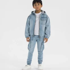 Boys denim jacket with hood zip fastening light blue