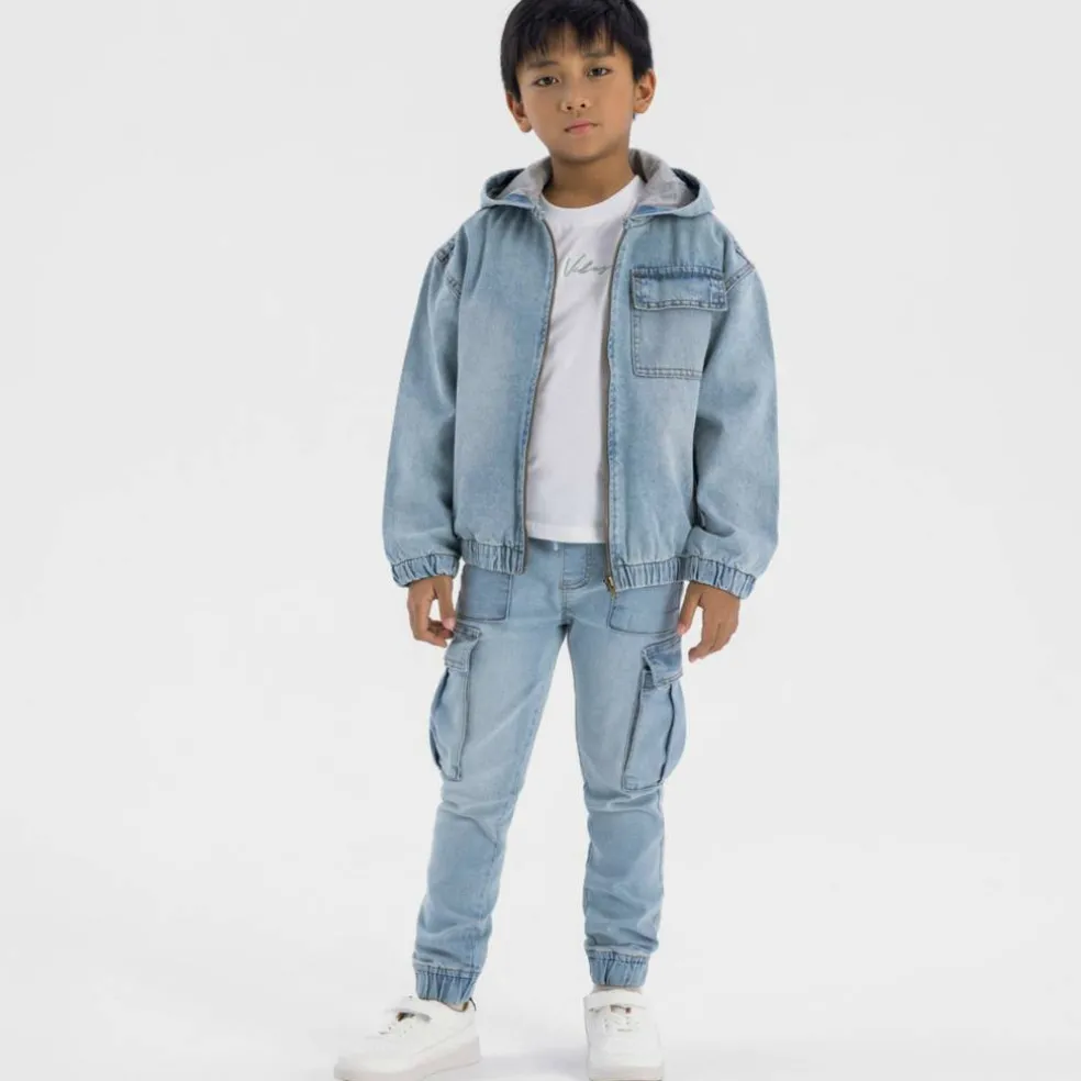 Boys denim jacket with hood zip fastening light blue