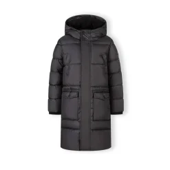 Boys long padded coat with hood and snap details grey