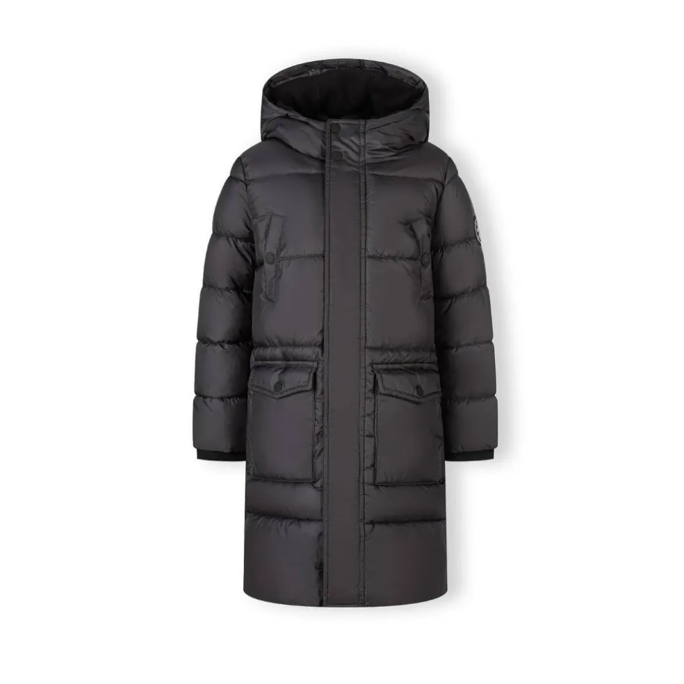 Boys long padded coat with hood and snap details grey