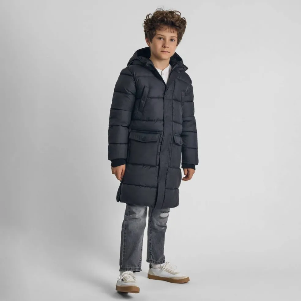 Boys long padded coat with hood and snap details grey