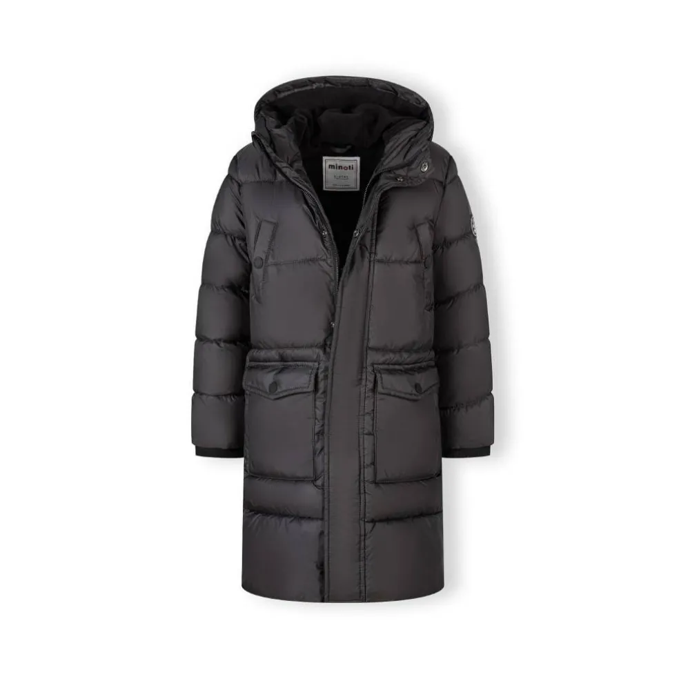 Boys long padded coat with hood and snap details grey