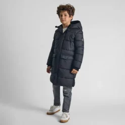 Boys long padded coat with hood and snap details grey