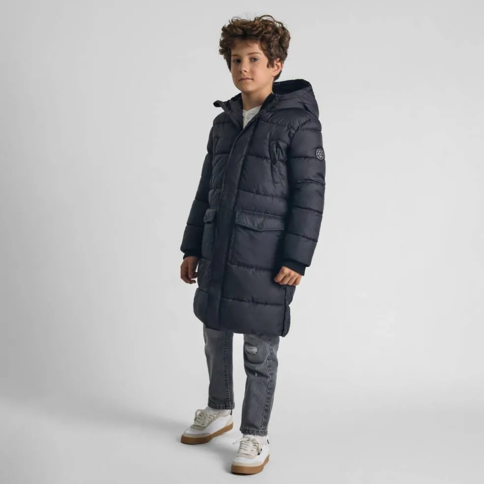 Boys long padded coat with hood and snap details grey
