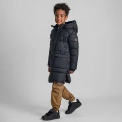 Boys long padded coat with hood and snap details black