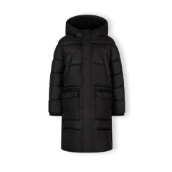 Boys long padded coat with hood and snap details black