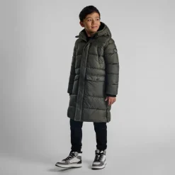 Boys long padded coat with hood and snap details khaki