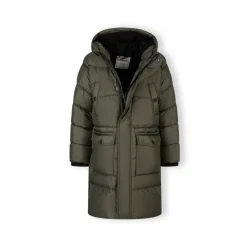 Boys long padded coat with hood and snap details khaki