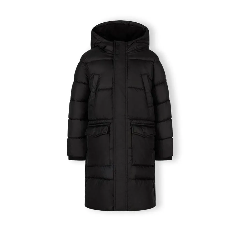 Boys long padded coat with hood and snap details black