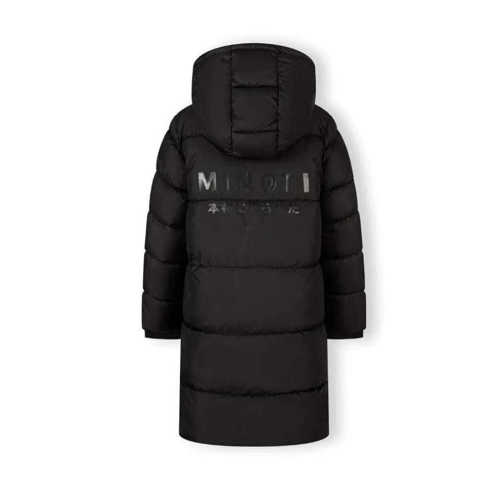 Boys long padded coat with hood and snap details black