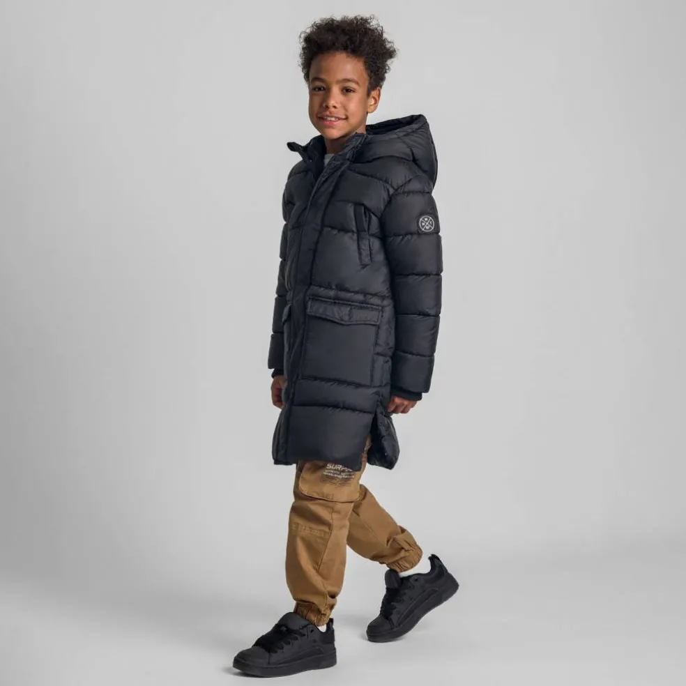 Boys long padded coat with hood and snap details black