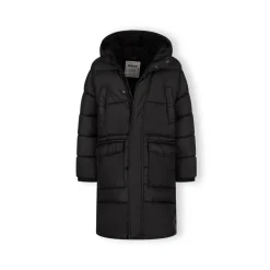 Boys long padded coat with hood and snap details black