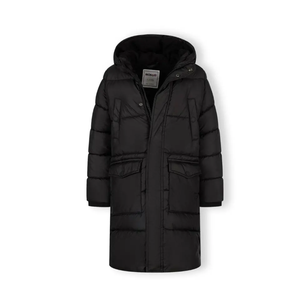 Boys long padded coat with hood and snap details black