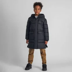 Boys long padded coat with hood and snap details black