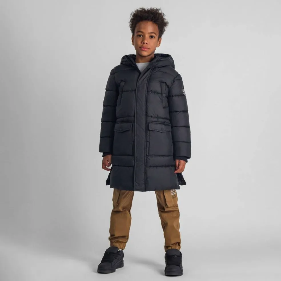 Boys long padded coat with hood and snap details black