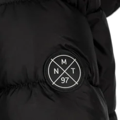 Boys long padded coat with hood and snap details black