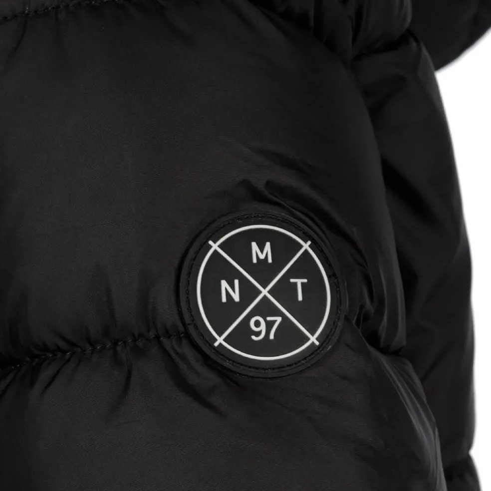 Boys long padded coat with hood and snap details black