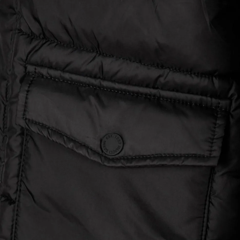 Boys long padded coat with hood and snap details black