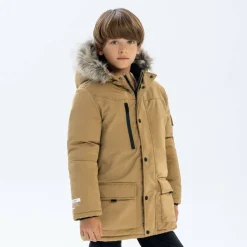 Boys long parka with fur hood and chest pocket beige