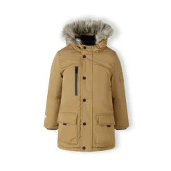 Boys long parka with fur hood and chest pocket beige
