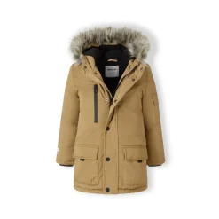 Boys long parka with fur hood and chest pocket beige