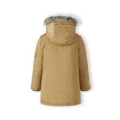 Boys long parka with fur hood and chest pocket beige