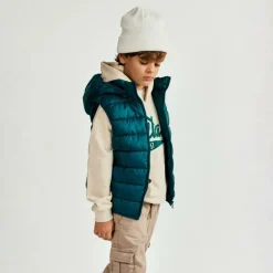 Boys padded gilet detachable hood turquoise