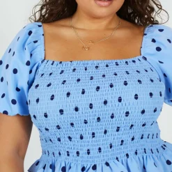 Brave Plus-Size Shirred Bust Polka Dot Top with Puff Sleeves