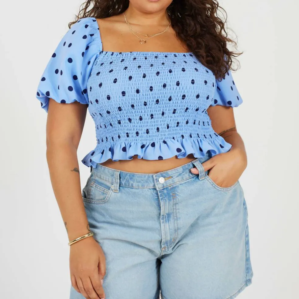 Brave Plus-Size Shirred Bust Polka Dot Top with Puff Sleeves