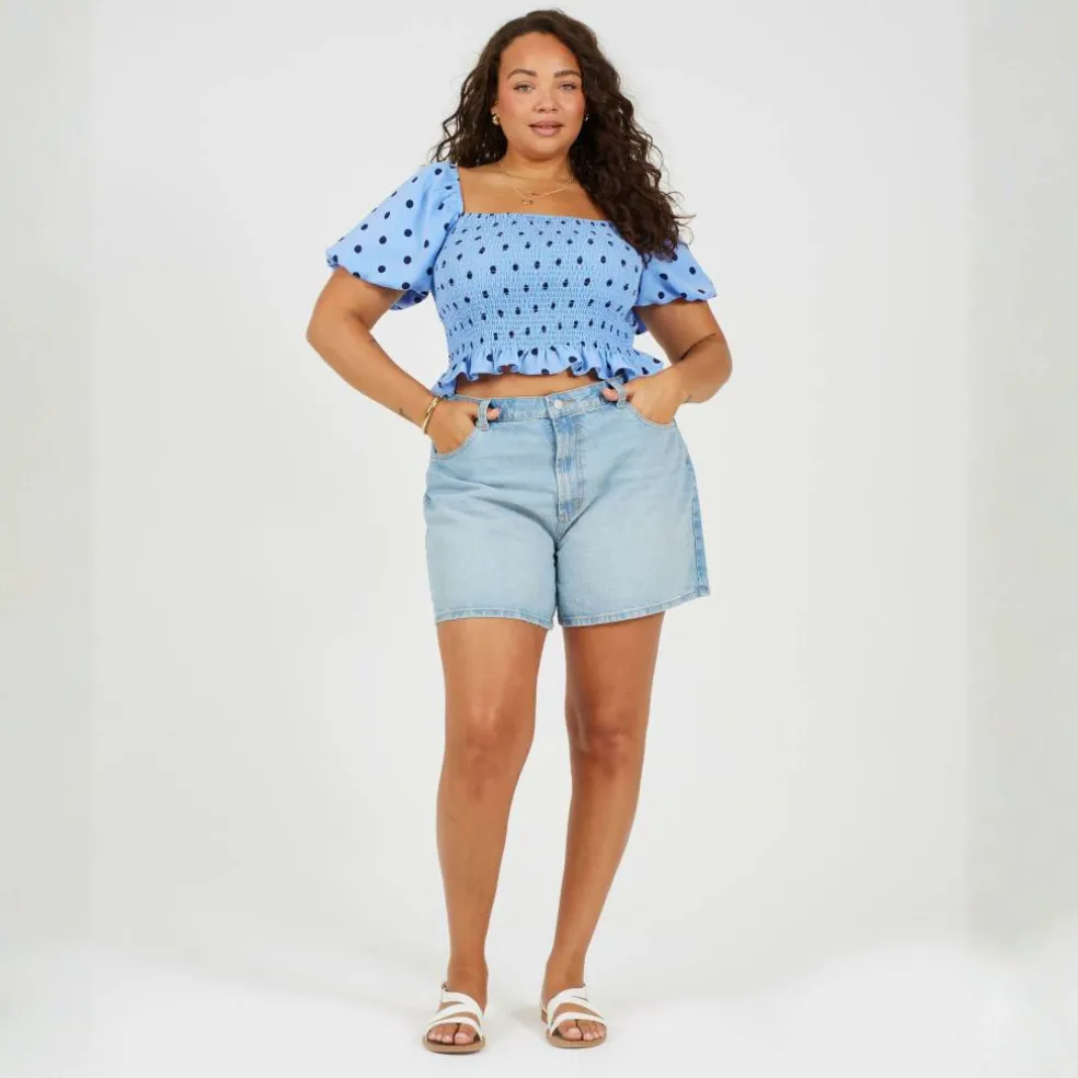 Brave Plus-Size Shirred Bust Polka Dot Top with Puff Sleeves