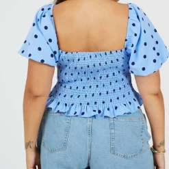 Brave Plus-Size Shirred Bust Polka Dot Top with Puff Sleeves