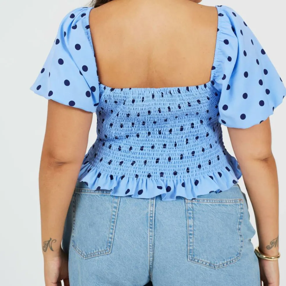 Brave Plus-Size Shirred Bust Polka Dot Top with Puff Sleeves