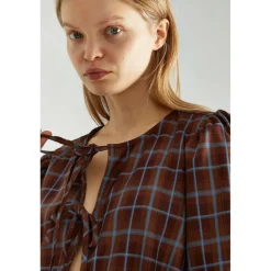 Brown-Blue Check Tie-Front Mini-Dress