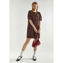Brown-Blue Check Tie-Front Mini-Dress